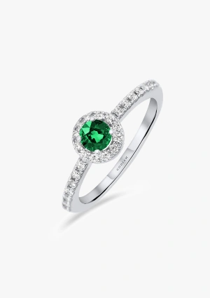 Anel ROUND GREEN em ouro de 18K com halo de diamantes de lapidação brilhante e esmeralda 2