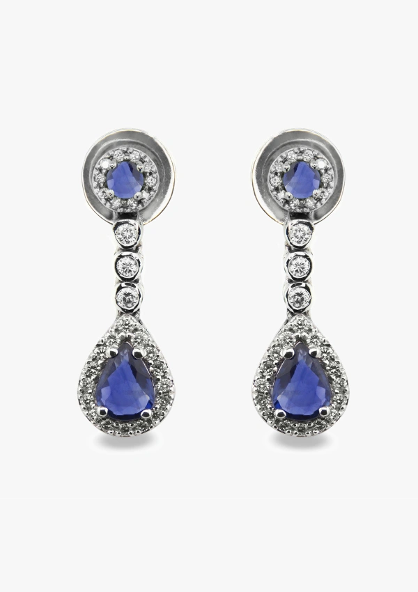 Boucles d'oreilles semi-longues PENÉLOPE or blanc 18K diamants et saphirs bleus
