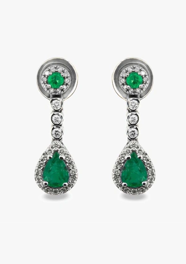 Boucles d'oreilles semi-longues PENÉLOPE or blanc 18K diamants et émeraudes