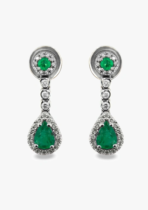 Boucles d'oreilles semi-longues PENÉLOPE or blanc 18K diamants et émeraudes