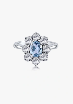 Bague SIMONETA en or blanc 18K avec rosette de diamants taille brillant et aigue-marine ovale 2