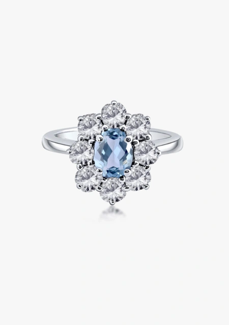 Bague SIMONETA or blanc 18K avec diamants et aigue-marine.