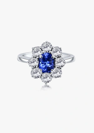 SIMONETA 18K white gold ring with a rosette of brilliant cut diamonds crowned with an oval cut tanzanite 2