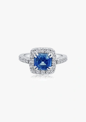 MYANMAR 18K white gold with brilliant cut diamonds crowned by a cushion cut blue sapphire ring 2