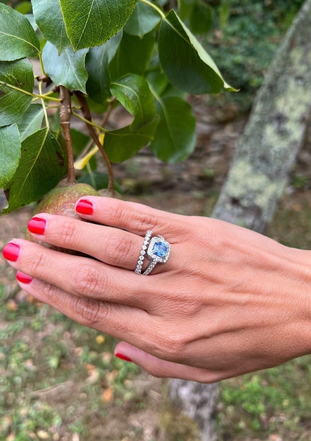 MYANMAR 18K white gold diamond and blue sapphire halo ring.