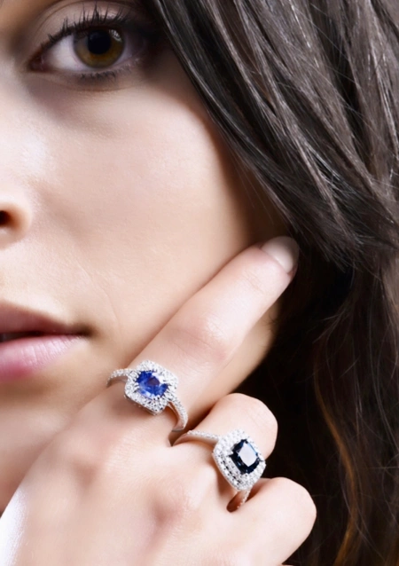 MYANMAR 18K white gold diamond and blue sapphire halo ring.