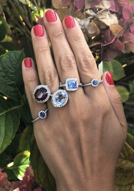 MYANMAR 18K white gold diamond and blue sapphire halo ring.