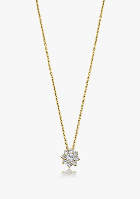SANDRA MINI 18K gold pendant and fine rolo chain with brilliant cut diamonds rosette