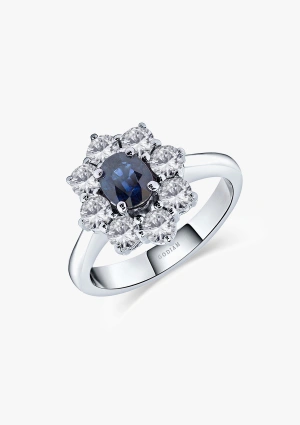 Anel SIMONETA em ouro branco de 18K com roseta de diamantes de lapidação brilhante e safira azul oval