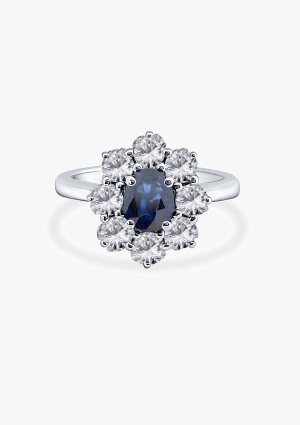 Anel SIMONETA em ouro branco de 18K com roseta de diamantes de lapidação brilhante e safira azul oval 2
