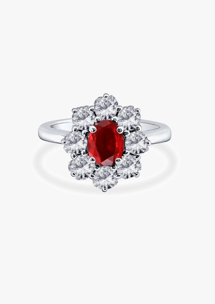 SIMONETA 18K white gold diamonds and ruby rosette ring.
