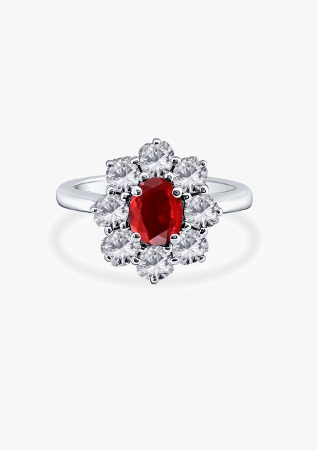 SIMONETA 18K white gold diamonds and ruby rosette ring.