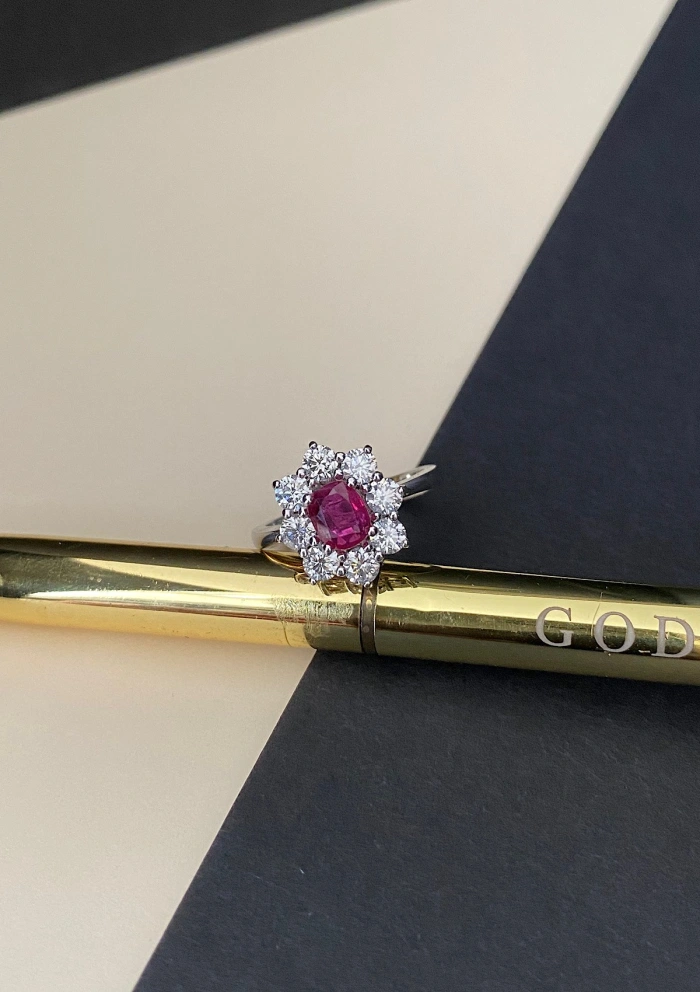 SIMONETA 18K white gold diamonds and ruby rosette ring.