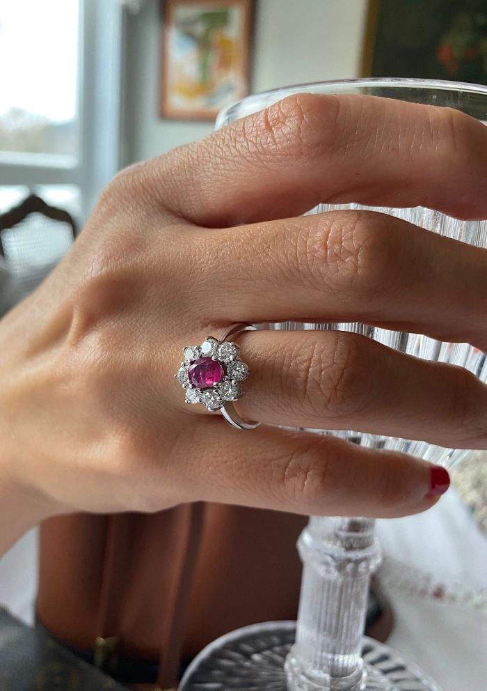SIMONETA 18K white gold diamonds and ruby rosette ring.