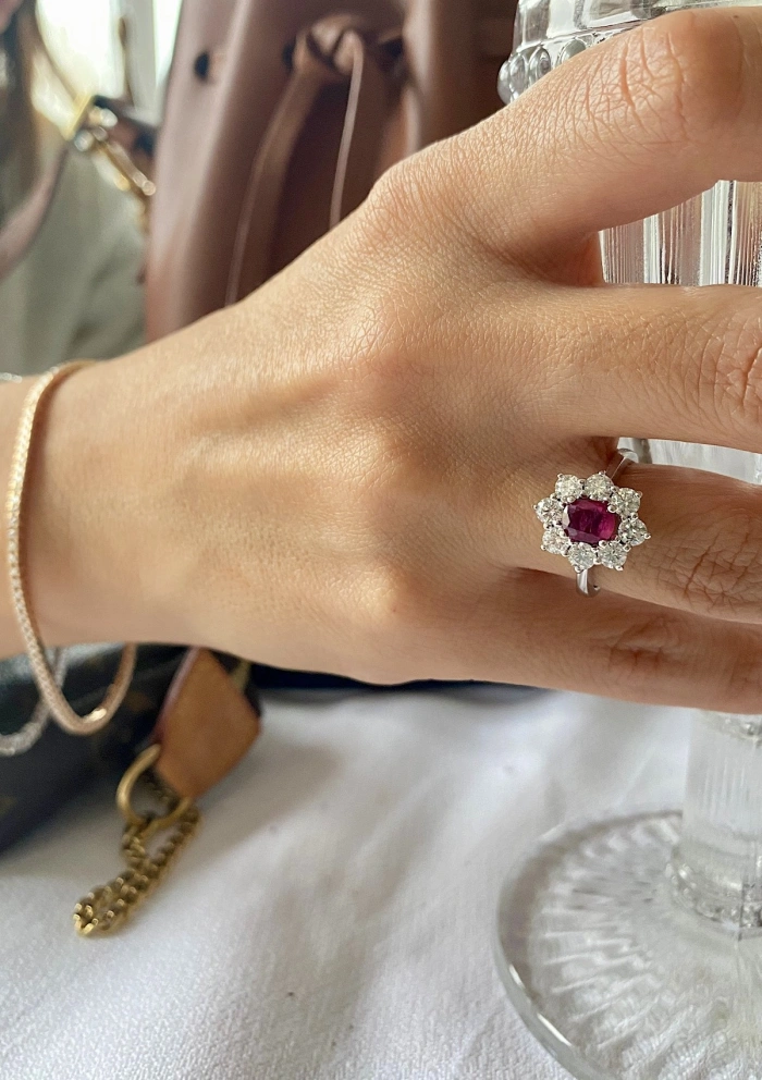 SIMONETA 18K white gold diamonds and ruby rosette ring.