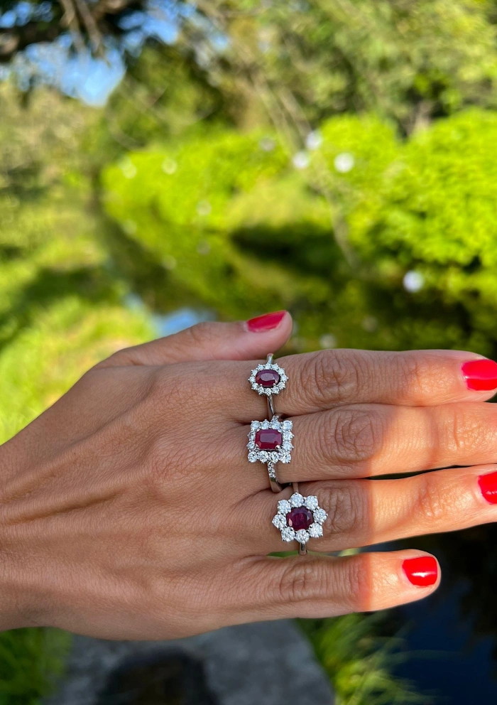 SIMONETA 18K white gold diamonds and ruby rosette ring.