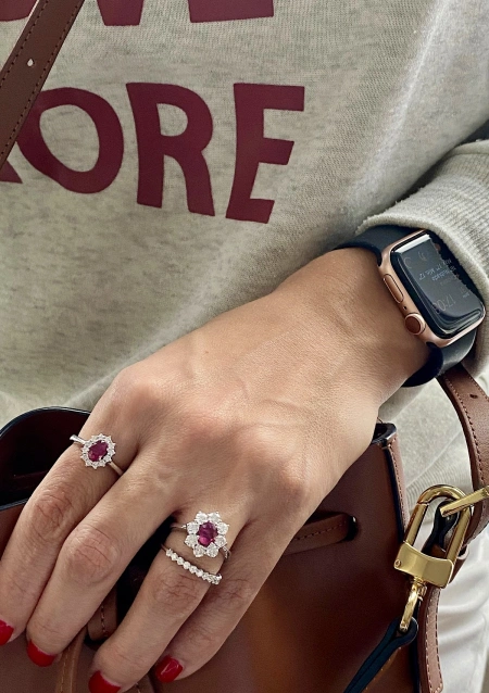 SIMONETA 18K white gold diamonds and ruby rosette ring.