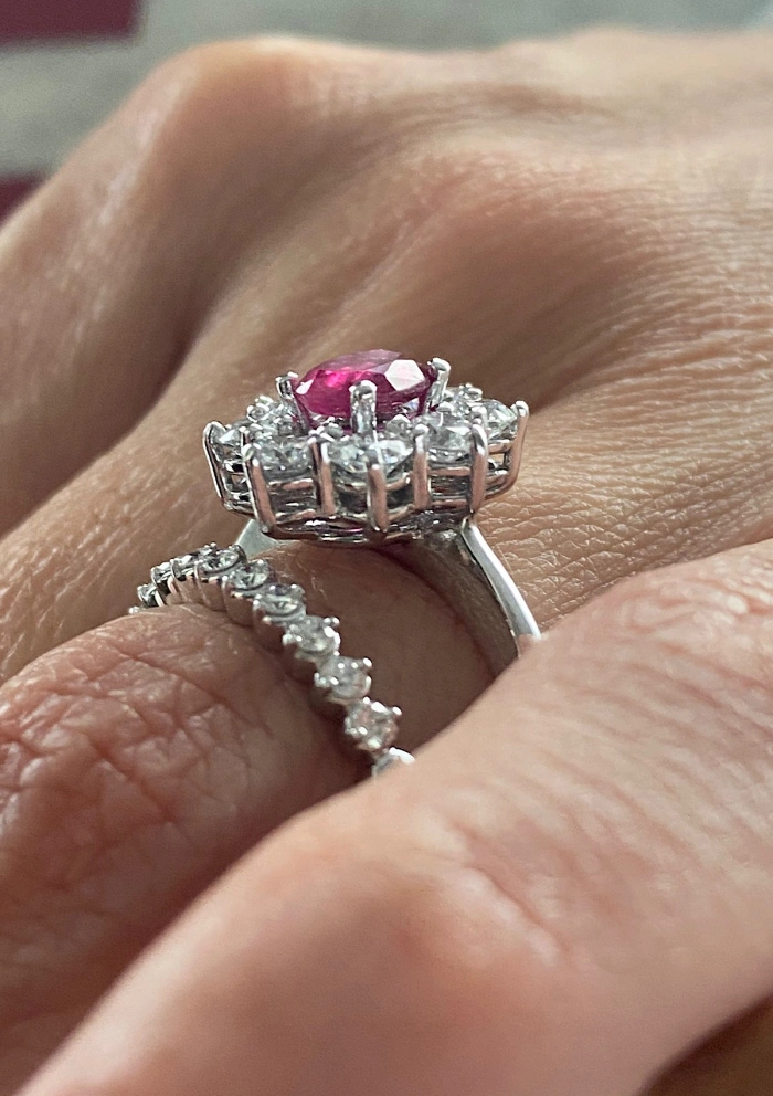 SIMONETA 18K white gold diamonds and ruby rosette ring.