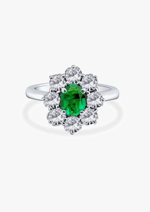 SIMONETA 18K white gold diamond and emerald rosette ring.