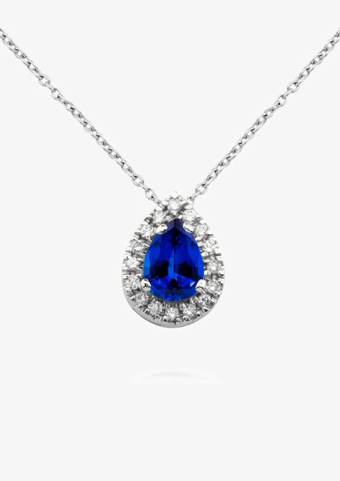 MORAIRA 18K white gold with brilliant cut diamonds crowned by a pear cut blue sapphire MORAIRA 18K white gold with brilliant cut diamonds crowned by a pear cut blue sapphire