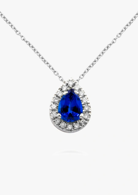 Colgante MORAIRA en oro blanco de 18K con diamantes y zafiro azul