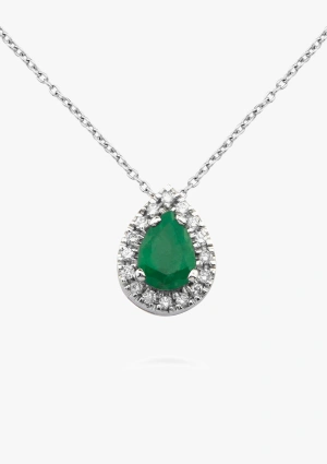 Colgante MORAIRA en oro blanco de 18K con diamantes talla brillante y esmeralda talla pera