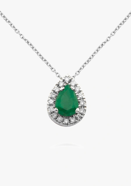 Colgante MORAIRA en oro blanco de 18K con diamantes talla brillante y esmeralda talla pera
