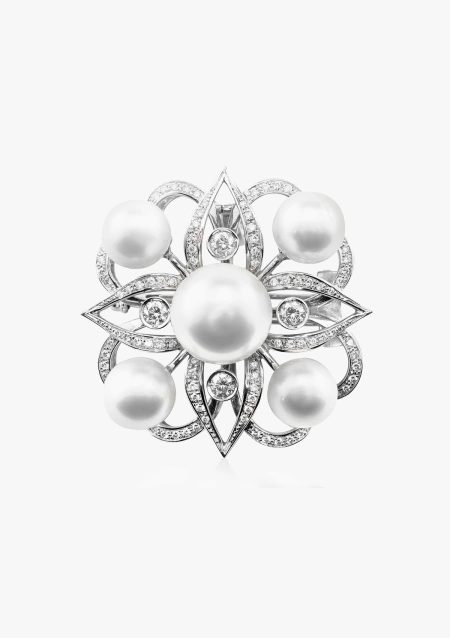 Broche TIARÉ en oro blanco 18K con diamantes y perlas australianas