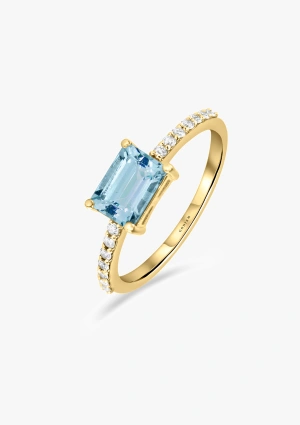 Anillo SONREIRAS en oro amarillo de 18K con brillantes y aguamarina
