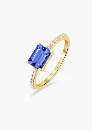 Anel SONREIRAS em ouro amarelo ou branco de 18K com diamantes de lapidação brilhante e tanzanita de corte baguete