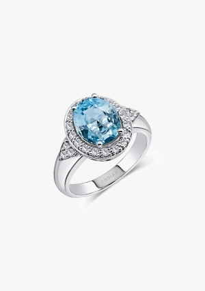 Bague ROMA en or blanc 18K avec diamants taille brillant et aigue-marine ovale centrale