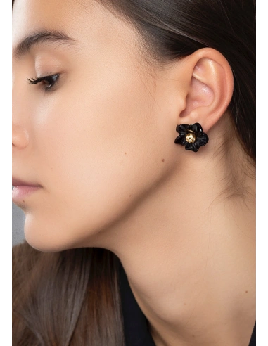 Pendientes BLACK LOTUS en oro amarillo de 18K con diamantes y flores de ónix|Pendientes con Otras Gemas Naturales|Godiam Alta Joyería