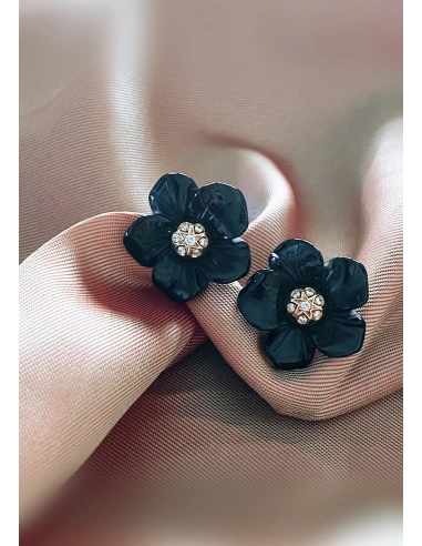 Pendientes BLACK LOTUS en oro amarillo de 18K con diamantes y flores de ónix|Pendientes con Otras Gemas Naturales|Godiam Alta Joyería