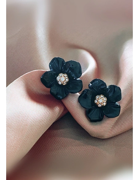 Pendientes BLACK LOTUS en oro amarillo de 18K con diamantes y flores de ónix|Pendientes con Otras Gemas Naturales|Godiam Alta Joyería