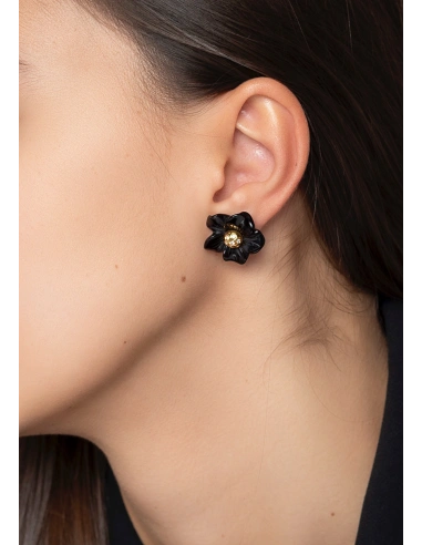 Pendientes BLACK LOTUS en oro amarillo de 18K con diamantes y flores de ónix|Pendientes con Otras Gemas Naturales|Godiam Alta Joyería