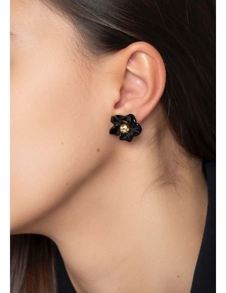 Pendientes BLACK LOTUS en oro amarillo de 18K con diamantes y flores de ónix|Pendientes con Otras Gemas Naturales|Godiam Alta Joyería