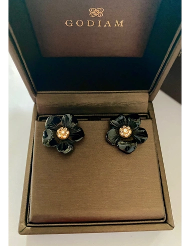 Pendientes BLACK LOTUS en oro amarillo de 18K con diamantes y flores de ónix|Pendientes con Otras Gemas Naturales|Godiam Alta Joyería