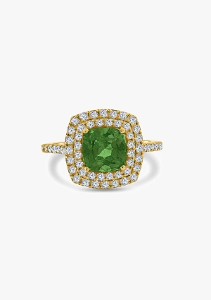 Anel RIVER em ouro amarelo 18K com um duplo halo de diamantes de lapidação brilhante e turmalina verde 2