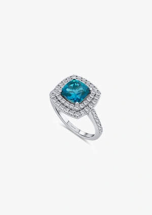 Anillo RIVER en oro blanco de 18K con doble halo de diamantes talla brillante y topacio London Blue
