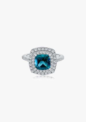 Anillo RIVER en oro blanco de 18K con doble halo de diamantes talla brillante y topacio London Blue 2