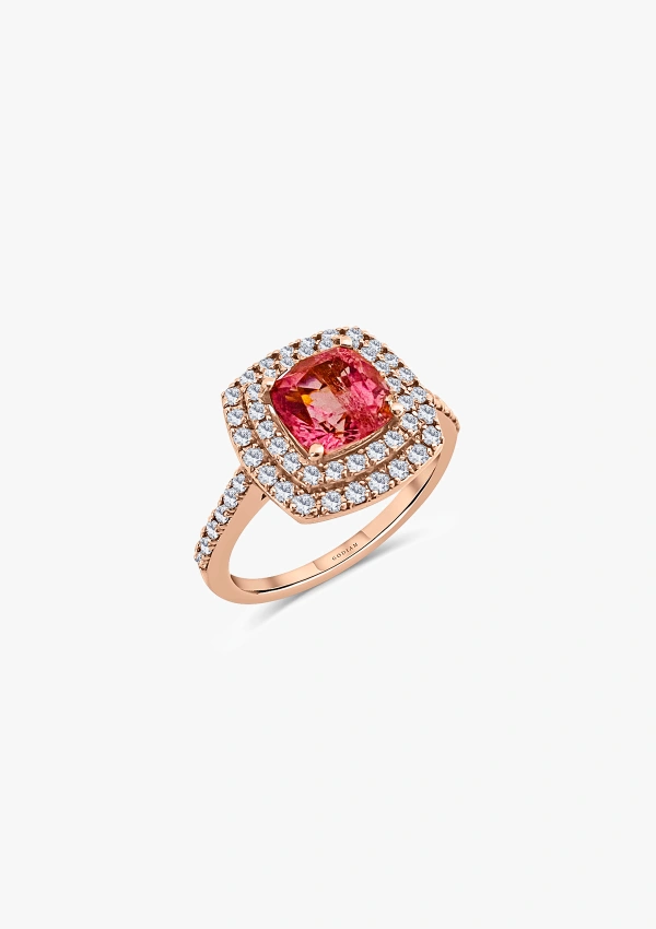 Bague RIVER en or rose 18K avec un double halo de diamants taille brillant et une tourmaline rose taille coussin