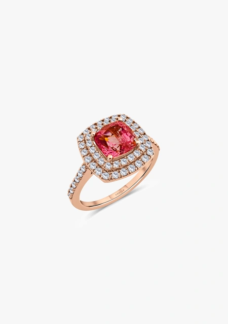 Anel RIVER em ouro rosa 18K com diamantes de lapidação brilhante e turmalina rosa