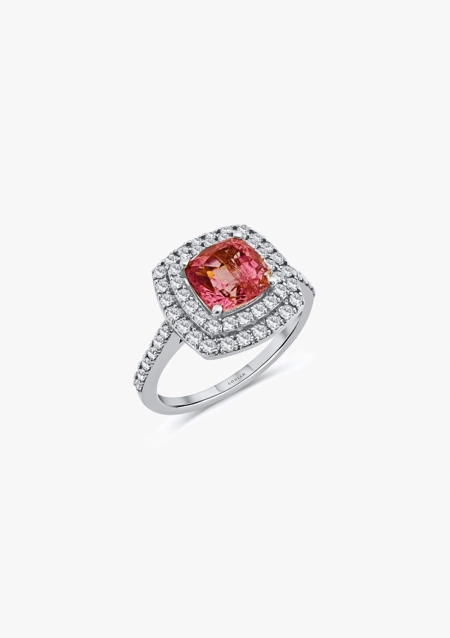RIVER 18K white gold with brilliant cut diamonds double halo topped by a cushion cut pink tourmaline ring