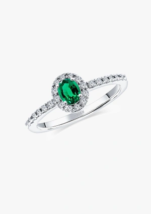 OVAL GREEN ring in 18K gold with brilliant cut diamonds halo crowned by an oval cut emerald 2