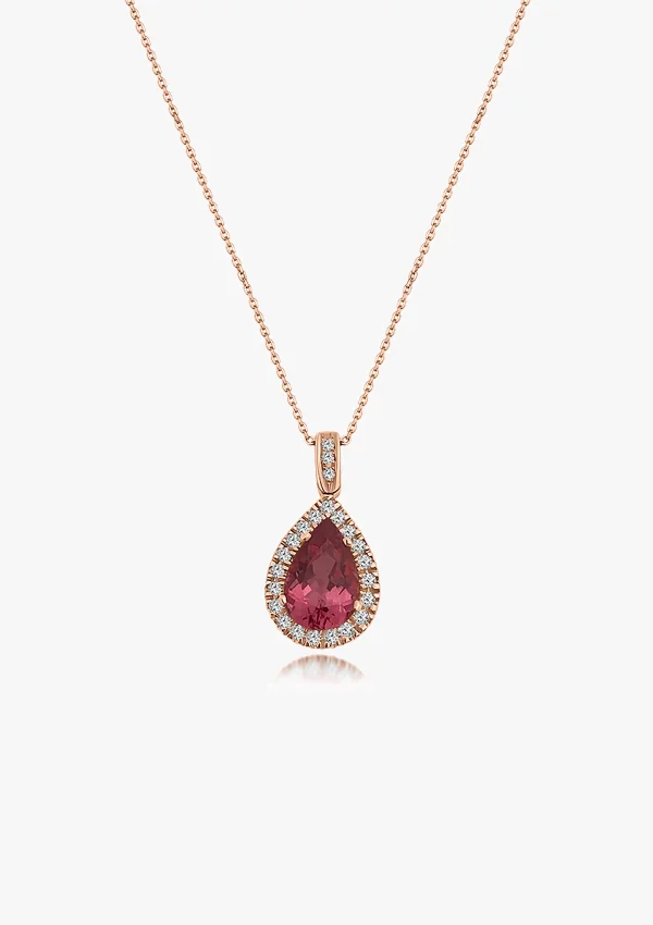 ROSE TEARDROP 18K rose gold with brilliant cut diamonds crowned with a pear cut rubellite pendant