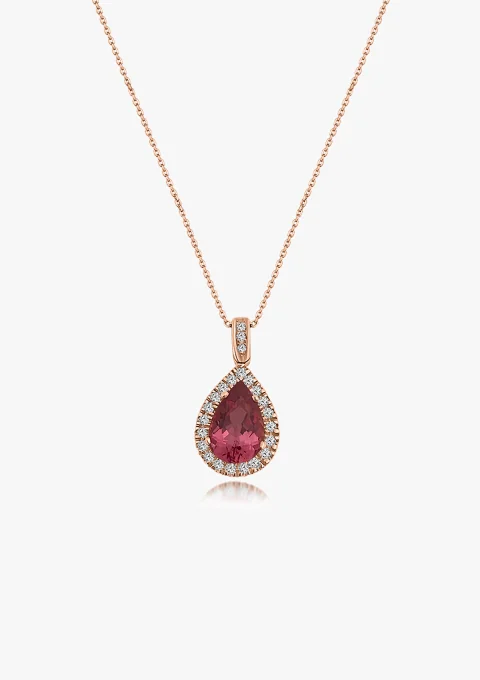 Pingente ROSE TEARDROP em ouro rosa 18K com diamantes de lapidação brilhante e rubelita