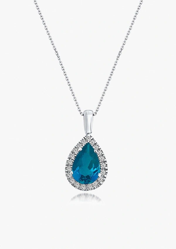 Pendentif BLUE LAGOON en or blanc 18K avec diamants taille brillant et topaze London Blue taille poire