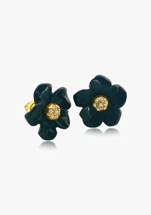 BLACK LOTUS earrings in 18K yellow gold with brilliant cut diamonds and onyx carved flowers