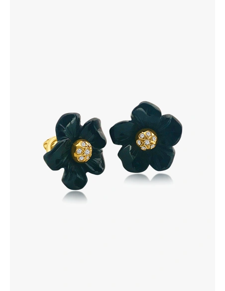 Pendientes BLACK LOTUS en oro amarillo de 18K con diamantes talla brillante y flores talladas en ónix