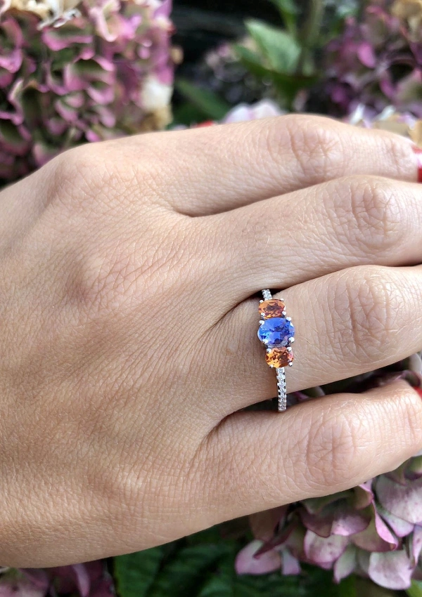 Bague trilogie MINI RAINBOW or blanc 18K diamants, tanzanite et topazes impériales 2